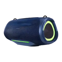 Altavoz portátil MEDION LIFE IPX7 50W 47h Azul P61762, vista lateral: rejilla textil azul, aro LED verde en altavoz y tira
