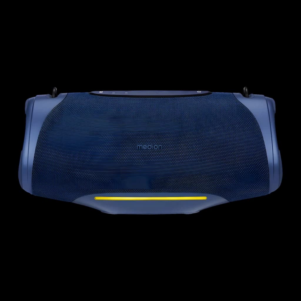 Altavoz portátil MEDION LIFE IPX7 50W 47h Azul P61762, vista frontal: rejilla azul, luz LED amarilla y botones superiores