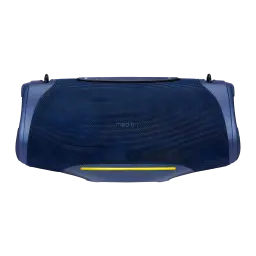 Altavoz portátil MEDION LIFE IPX7 50W 47h Azul P61762, vista frontal: rejilla azul, luz LED amarilla y botones superiores