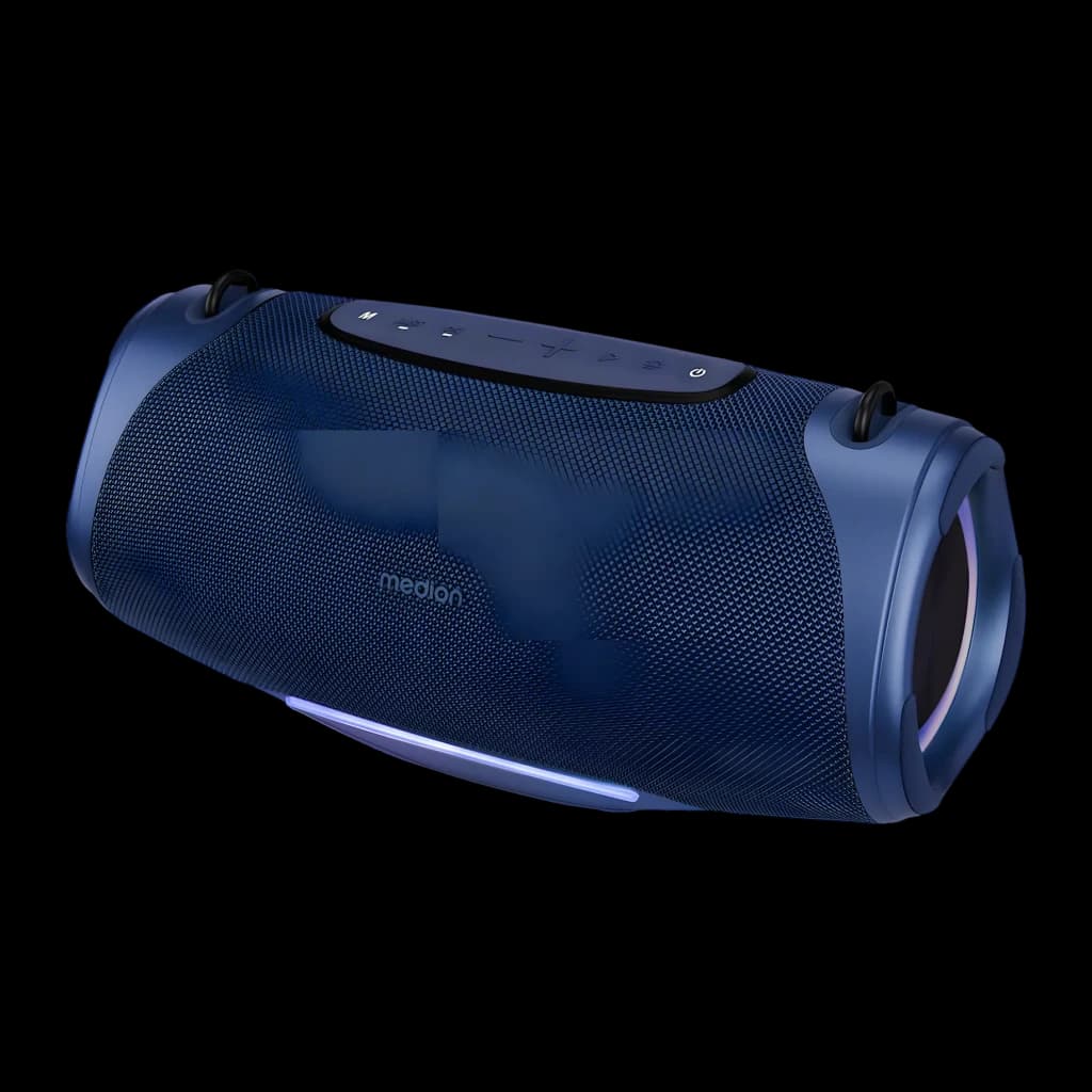 Altavoz portátil MEDION LIFE IPX7 50W 47h Azul P61762, vista lateral: forma cilíndrica, rejilla textil, luz LED y botones