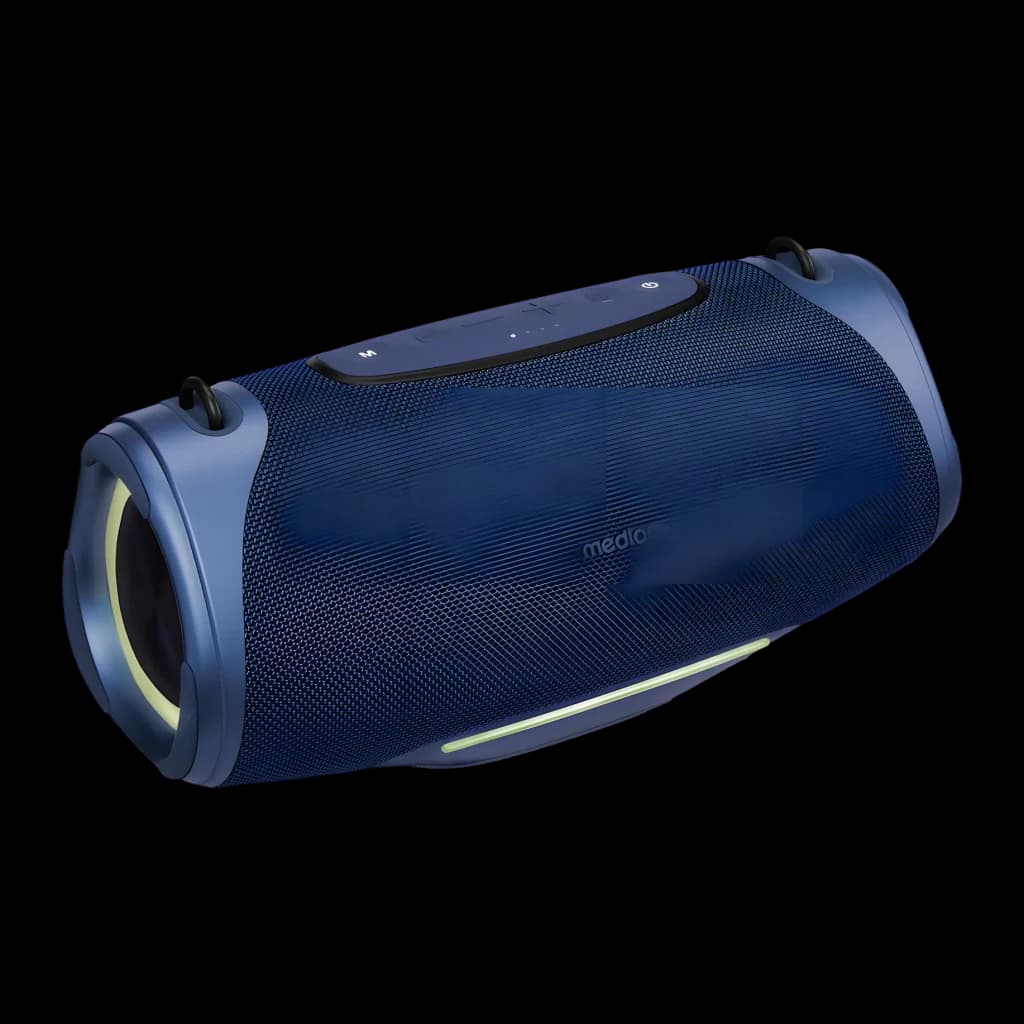 Altavoz portátil MEDION LIFE IPX7 50W 47h Azul P61762, vista lateral: rejilla textil, luces LED y botones superiores visibles