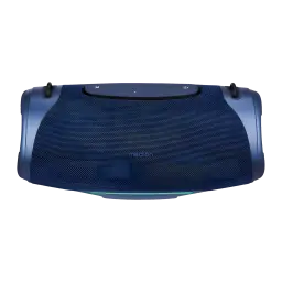 Altavoz portátil MEDION LIFE IPX7 50W 47h Azul P61762, vista frontal: rejilla textil azul, luz LED verde inferior y botones