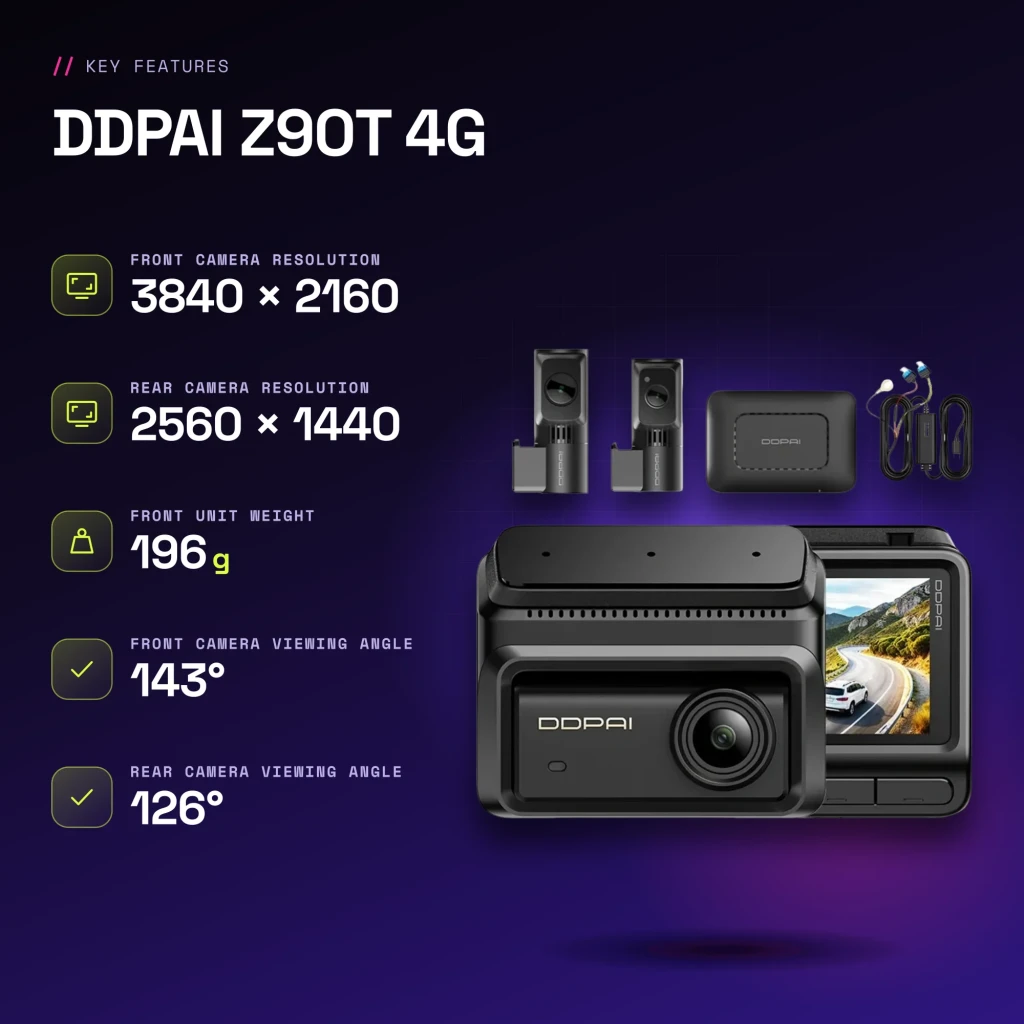 Dashcam DDPAI Z90T 4G 3CH 4K 30fps GPS - características, 2560 × 1440 a 25 fps