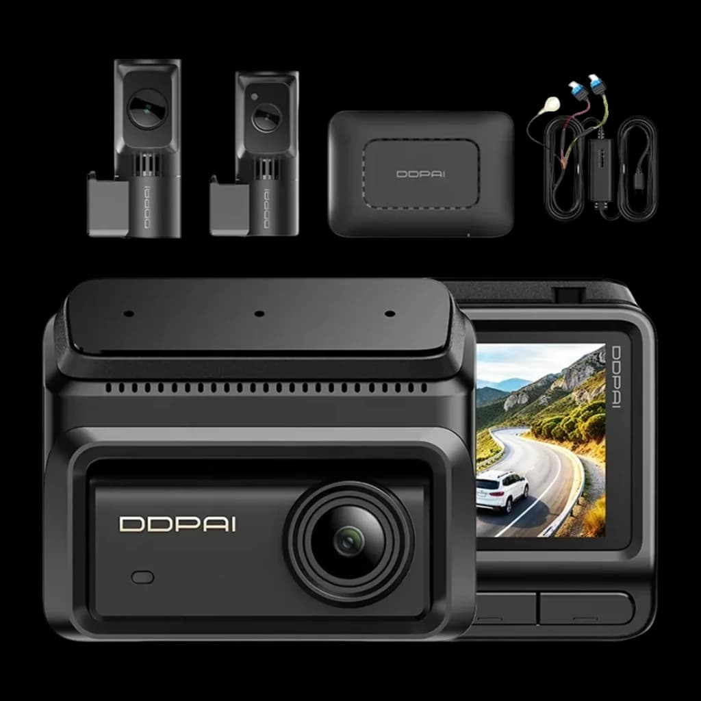 Dashcam DDPAI Z90T 4G 3CH 4K 30fps GPS, vista conjunto: unidad principal con pantalla, 2 cámaras interiores, módulo GPS