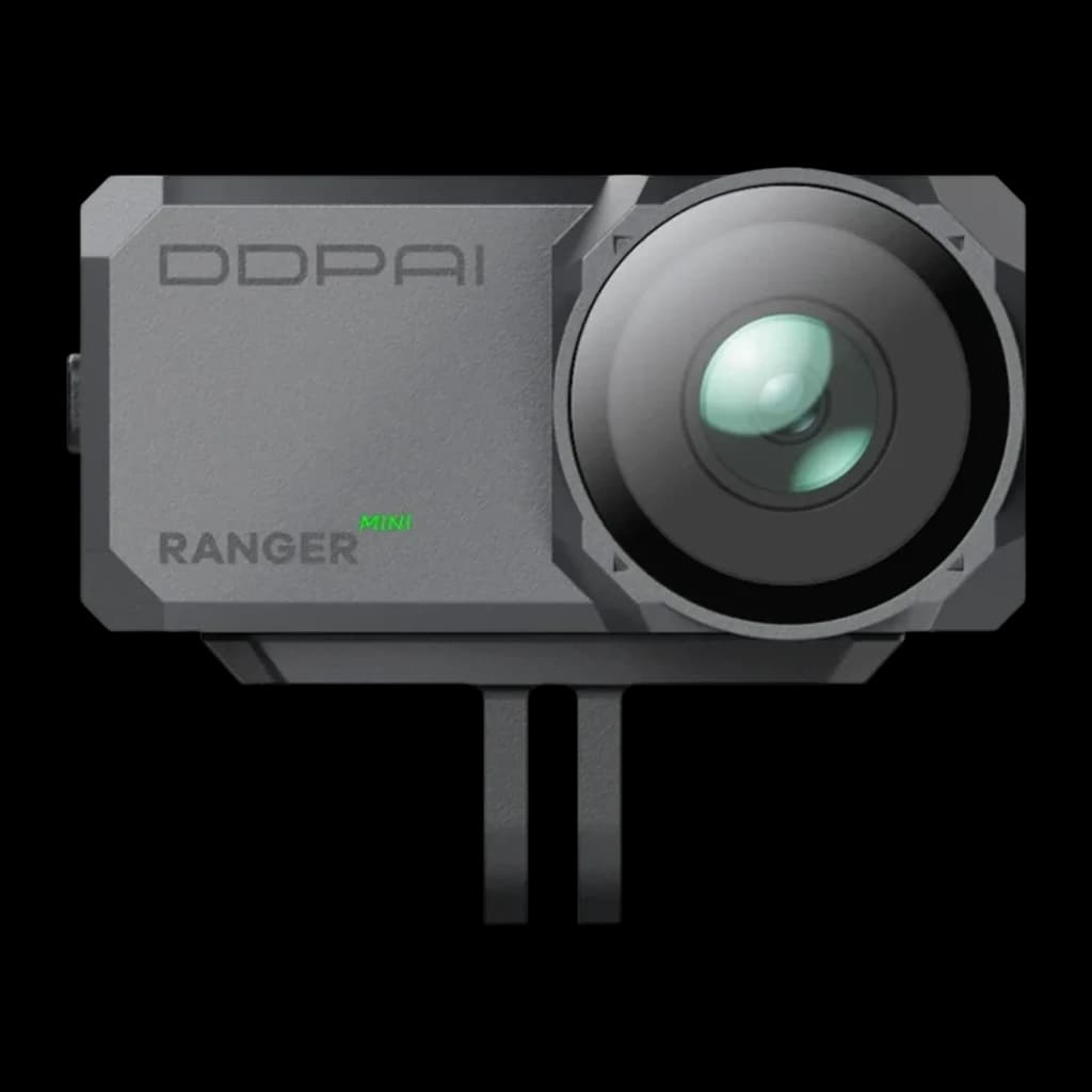 Dashcam DDPAI Ranger M1 Negro 1 Canal 3K WiFi, vista frontal: lente gran angular prominente y logotipo DDPAI en cuerpo gris