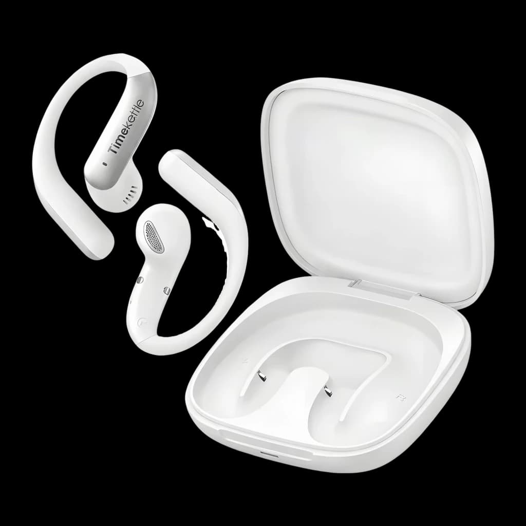 Auriculares Traductores Timekettle LiveTalk TWS Bluetooth Silver con diseño abierto en oreja, micrófonos integrados y estuche de carga blanco compacto