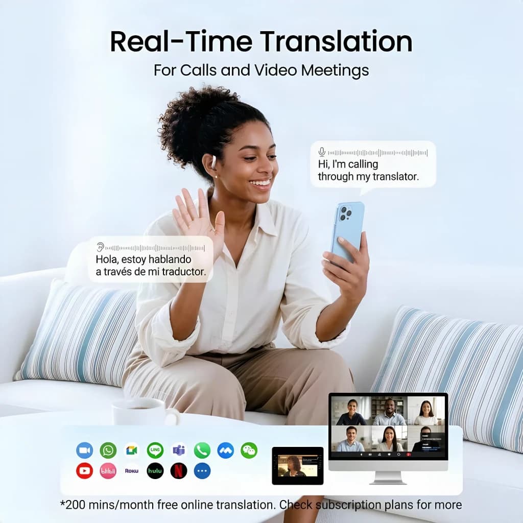 Auriculares Traductores Timekettle LiveTalk TWS Bluetooth Silver en uso con smartphone; mujer hablando y recibiendo traducción en tiempo real, diseño