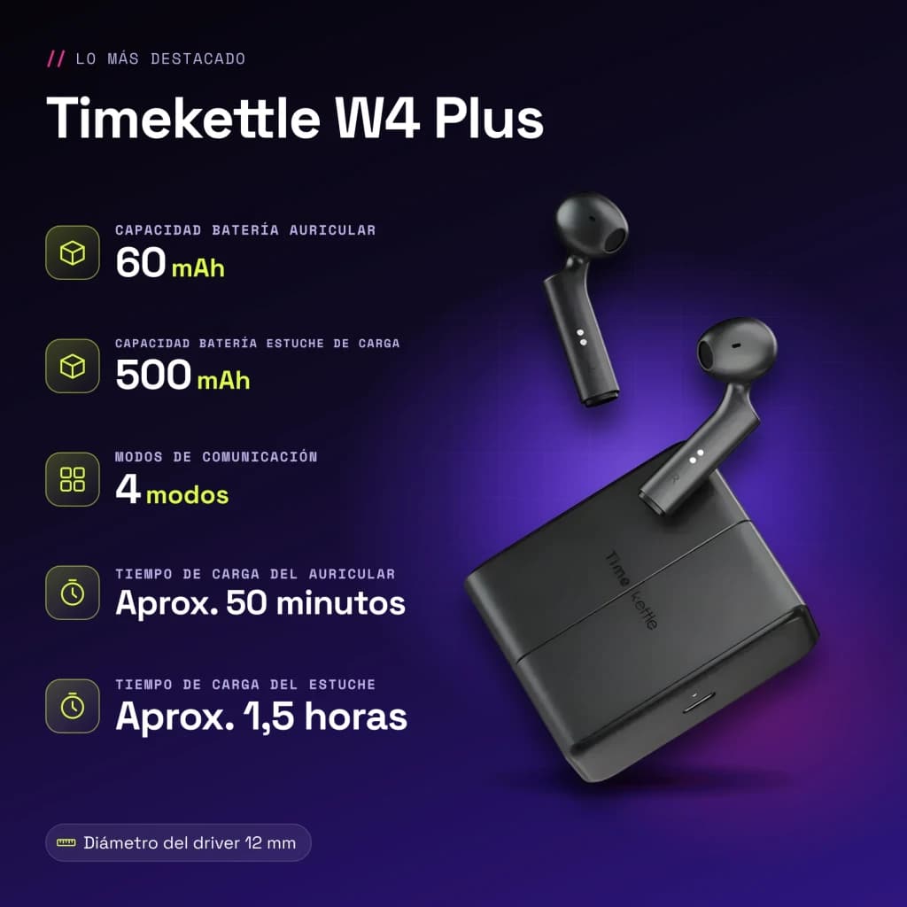 Auriculares traductores Timekettle W4 Plus TWS Bluetooth 5.3 12h (estuche) Negro - características