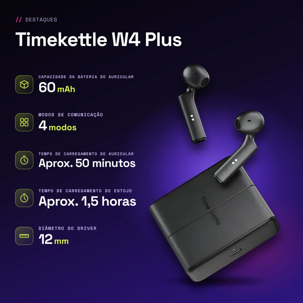 Auriculares tradutores Timekettle W4 Plus TWS Bluetooth 5.3 12h (estojo) Preto - características