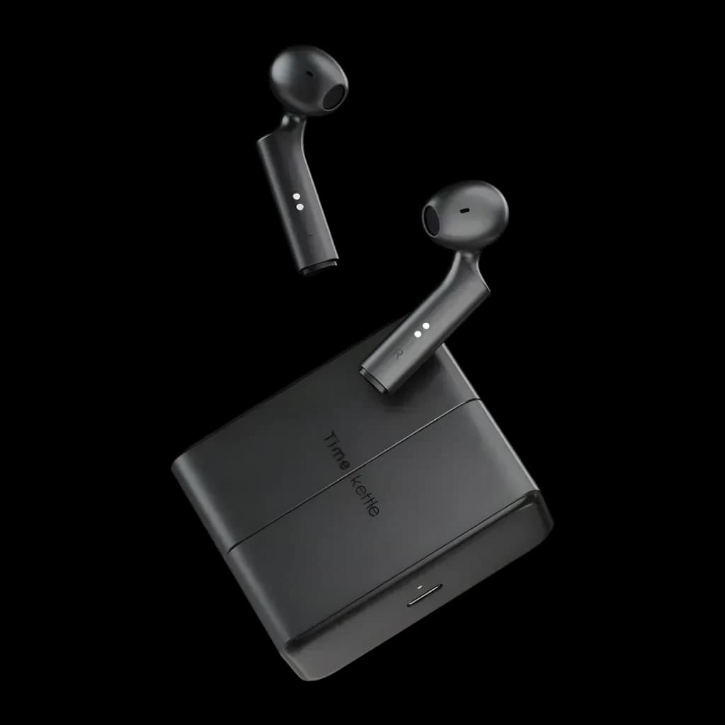 Auriculares traductores Timekettle W4 Plus TWS Bluetooth 5.3 12h (estuche) Negro, vista frontal: dos auriculares flotando