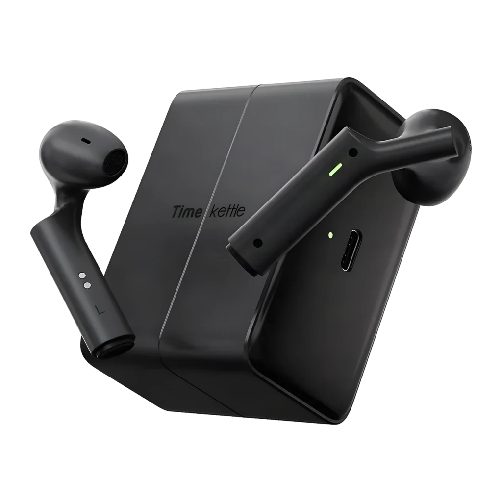 Auriculares traductores Timekettle W4 Plus TWS Bluetooth 5.3 12h (estuche) Negro, vista en ángulo: estuche cúbico negro