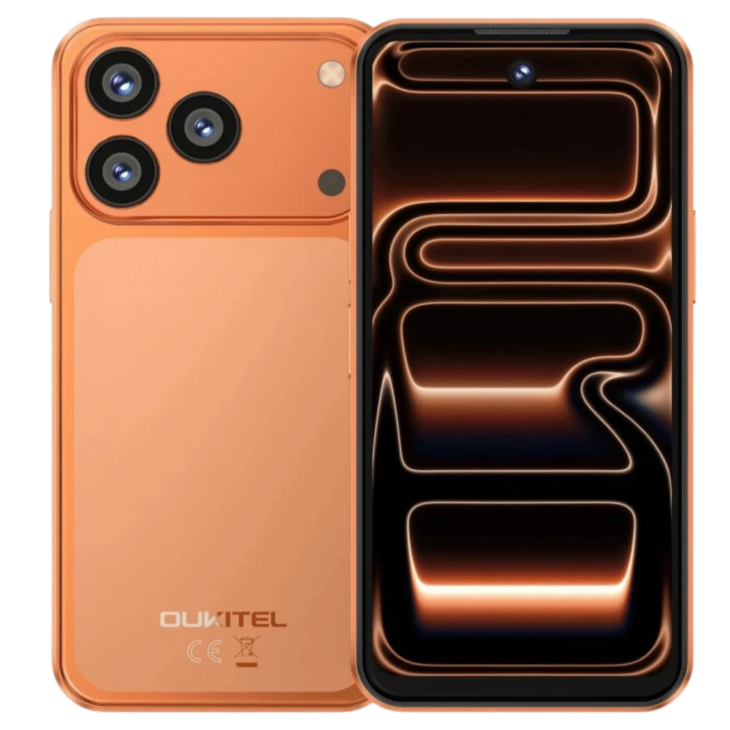 Oukitel C17 Mini 4GB/64GB Laranja com traseira laranja fosca, três câmeras grandes e flash; frente com tela ampla e furo central para câmera frontal