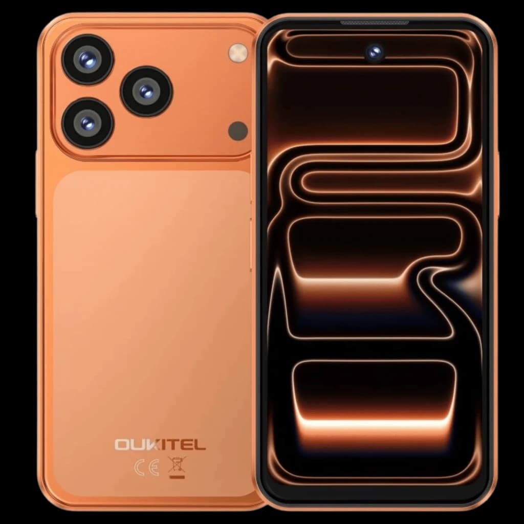 Oukitel C17 Mini 4GB/64GB Laranja com traseira laranja fosca, três câmeras grandes e flash; frente com tela ampla e furo central para câmera frontal