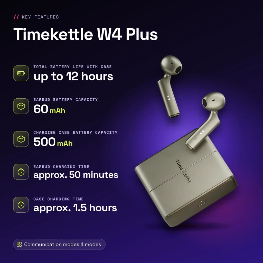 Auriculares Tradutores Timekettle W4 Plus TWS Bluetooth 5.3 12h com estojo Dourado - características, 500 mAh