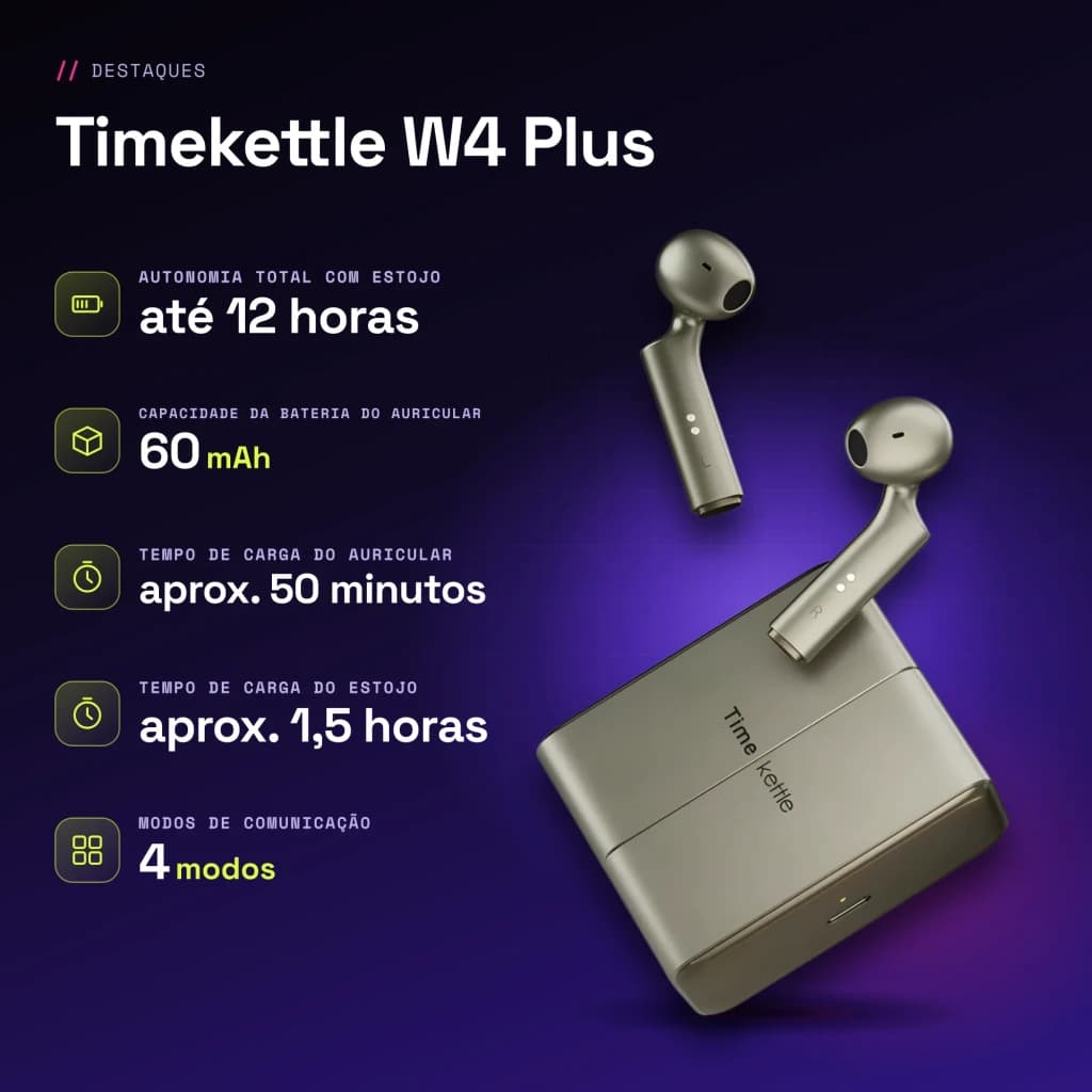 Auriculares Tradutores Timekettle W4 Plus TWS Bluetooth 5.3 12h com estojo Dourado - características, USB-C
