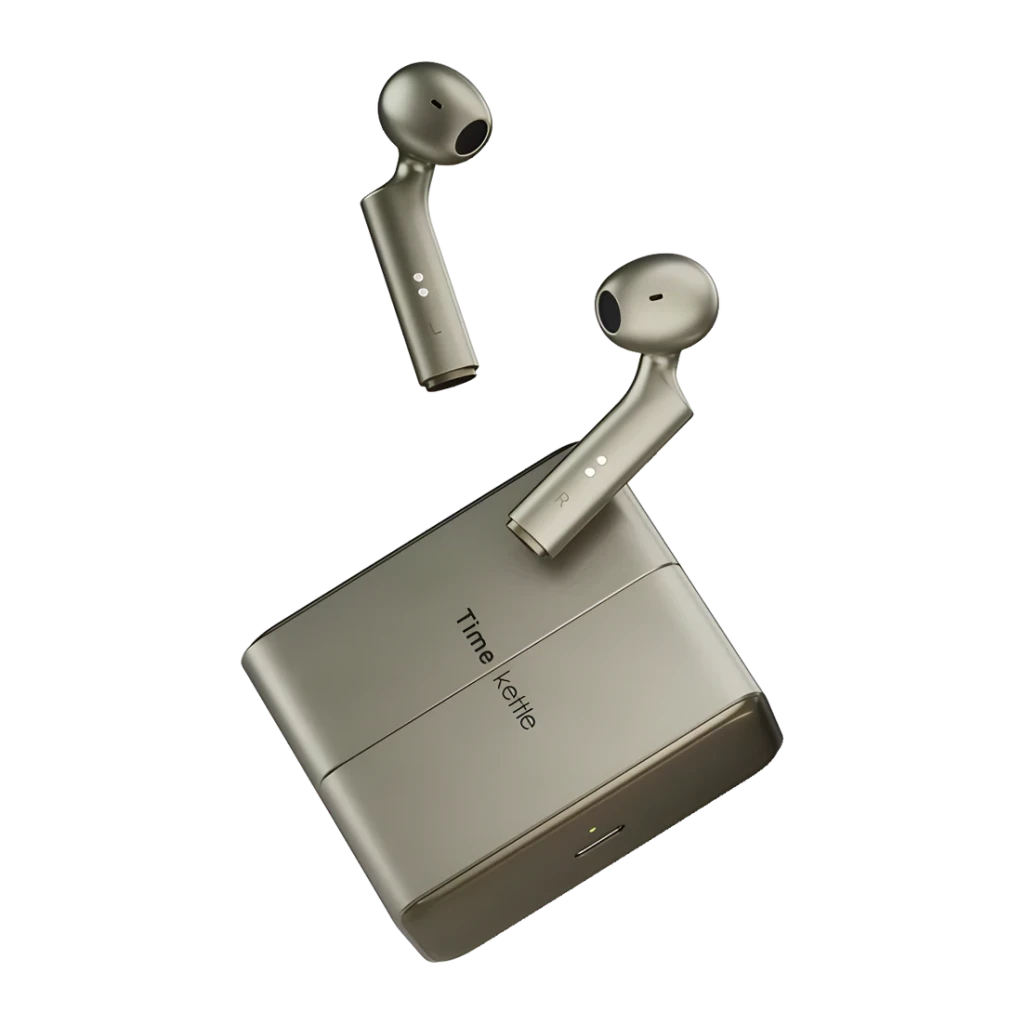 Auriculares Tradutores Timekettle W4 Plus TWS Bluetooth 5.3 12h com estojo Dourado, vista diagonal: dois earbuds flutuando