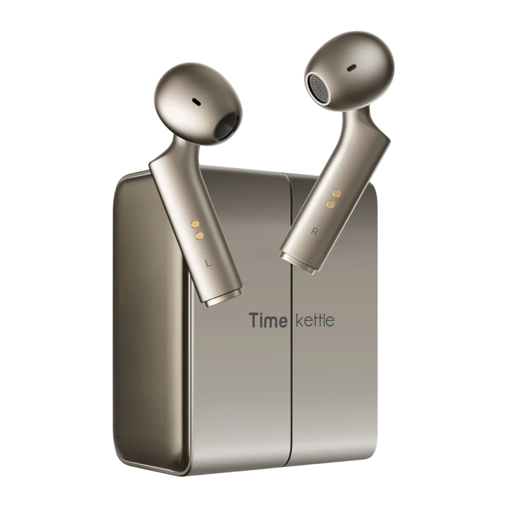 Auriculares Tradutores Timekettle W4 Plus TWS Bluetooth 5.3 12h com estojo Dourado, vista frontal: ambos auriculares L e R