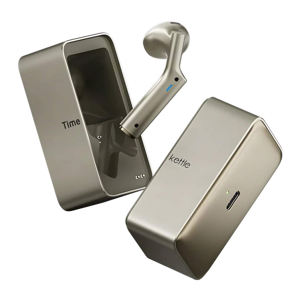 Auriculares Tradutores Timekettle W4 Plus TWS Bluetooth 5.3 12h com estojo Dourado, vista em perspetiva: estojo aberto