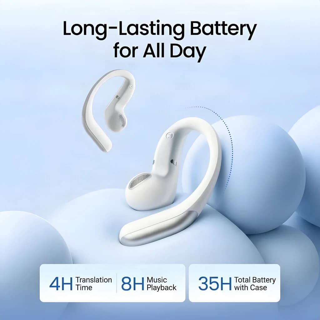 Auriculares traductores Timekettle LiveTalk Bluetooth Negro con diseño de gancho ergonómico, micrófono integrado y estuche de carga; autonomía destacada