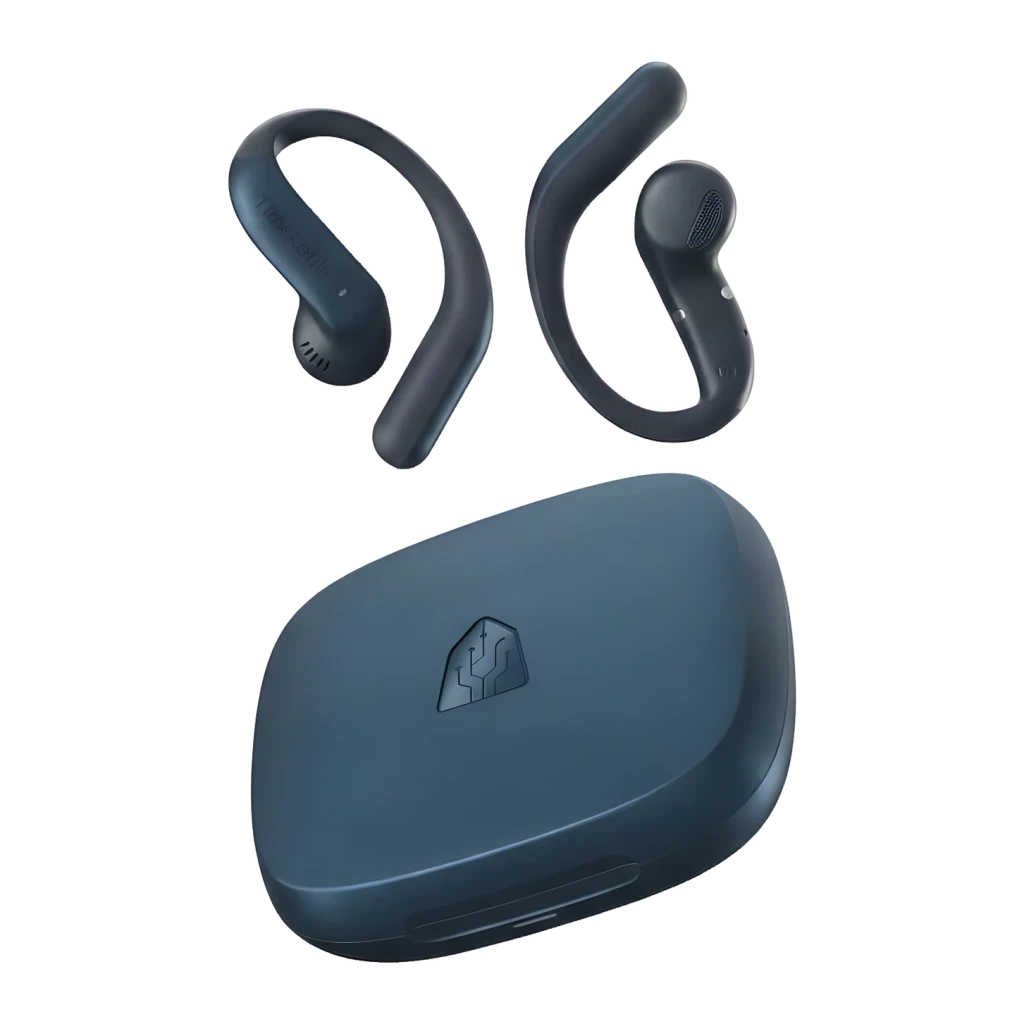 Auriculares de traducción Timekettle LiveTalk Blue Open-Ear Bluetooth en azul mate, diseño de clip abierto con ganchos ergonómicos y estuche compacto a juego