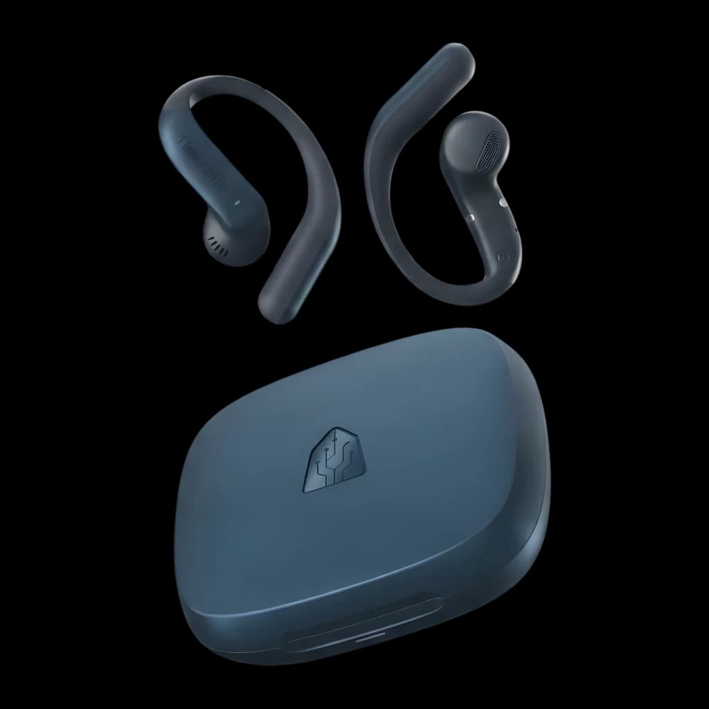 Écouteurs de traduction Timekettle LiveTalk Blue Open-Ear Bluetooth, vue avant: deux écouteurs bleus open-ear avec crochets