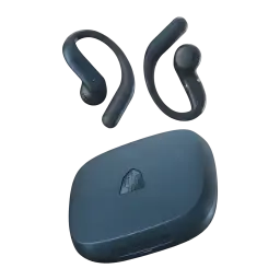 Écouteurs de traduction Timekettle LiveTalk Blue Open-Ear Bluetooth, vue avant: deux écouteurs bleus open-ear avec crochets