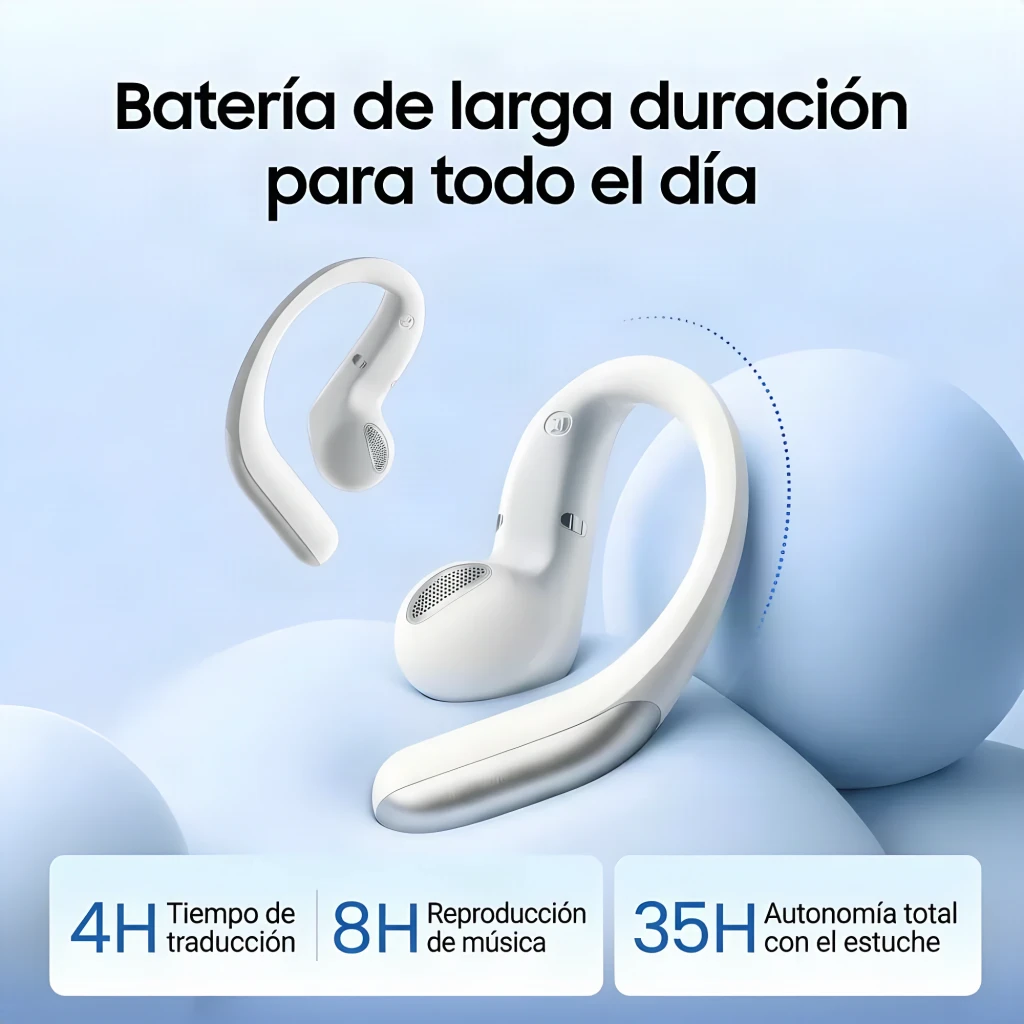Auriculares de traducción Timekettle LiveTalk Blue Open-Ear Bluetooth en color blanco, diseño abierto con gancho ergonómico, estuche a juego y acabado suave