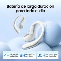 Écouteurs ouverts Bluetooth bleus Timekettle LiveTalk, design tour d’oreille, embout blanc, micro intégré, autonomie 35 h avec étui, 4 h traduction, 8 h