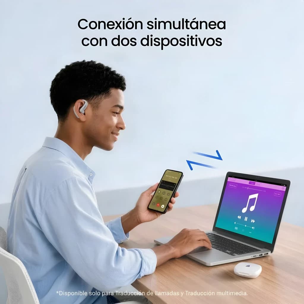 Écouteur open-ear bleu sur l’oreille, design léger et discret, connexion Bluetooth affichée entre smartphone et ordinateur, boîtier de charge blanc sur