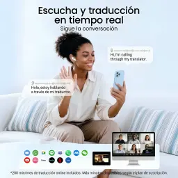 Écouteurs de traduction Timekettle LiveTalk Blue Open-Ear Bluetooth montrés à l’oreille, design ouvert, couleur bleue, appairés au smartphone pour