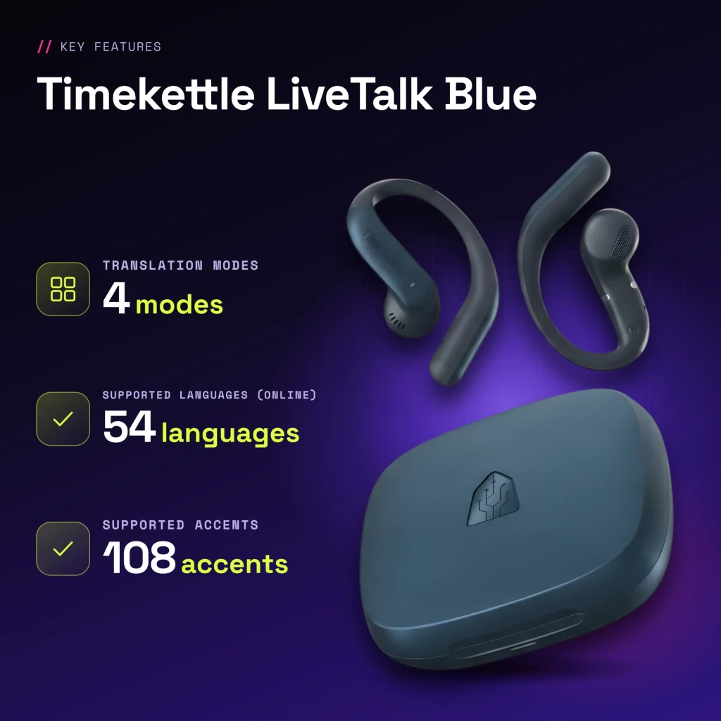 Auriculares de traducción Timekettle LiveTalk Blue Open-Ear Bluetooth con gancho ergonómico, estuche compacto, 4 modos, 54 idiomas y 108 acentos compat.