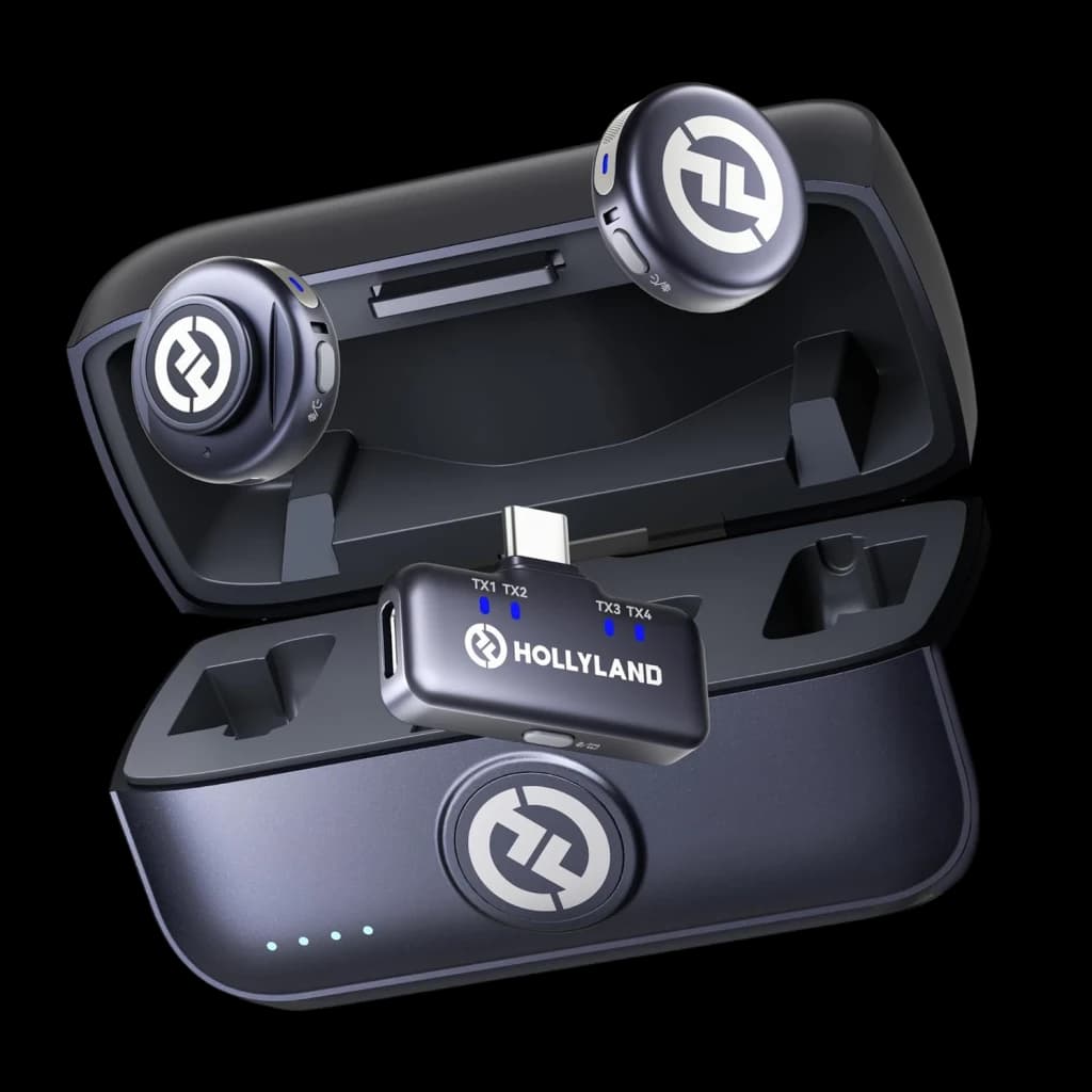 Microphone sans fil Hollyland Lark M3 Combo 2TX & 1RX USB-C Gris Sidéral avec deux émetteurs ronds, récepteur USB-C compact et boîtier de charge élégant