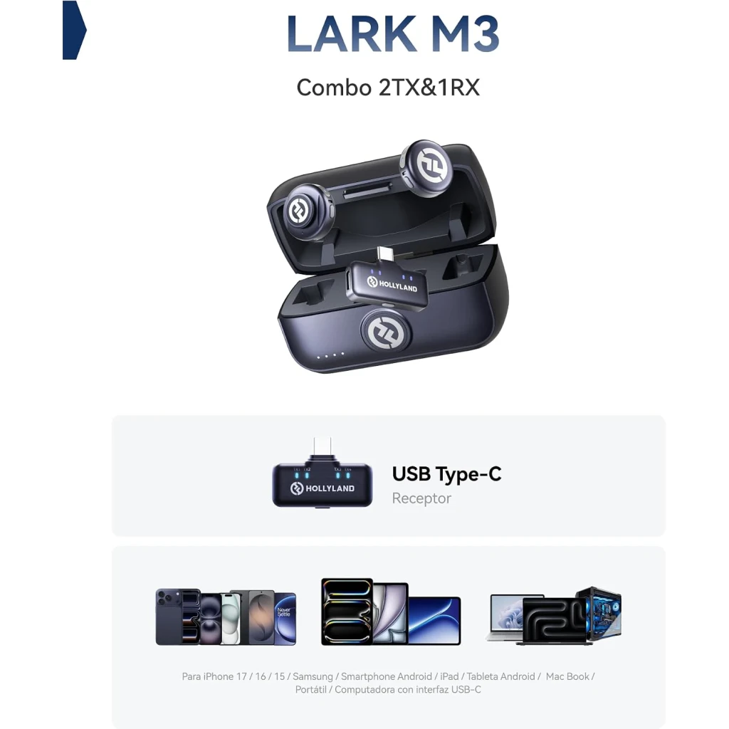 Micrófono inalámbrico Hollyland Lark M3 Combo 2TX & 1RX USB-C Gris Espacial: estuche de carga con dos transmisores compactos y receptor USB-C portátil