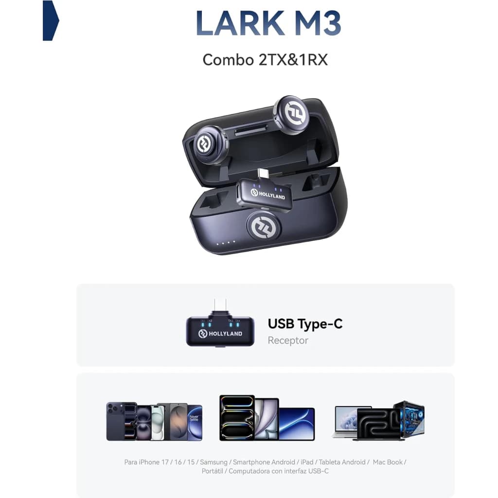 Microphone sans fil Hollyland Lark M3 Combo 2TX & 1RX USB-C Gris Sidéral avec étui de charge, deux émetteurs compacts et récepteur USB-C pour mobiles et PC