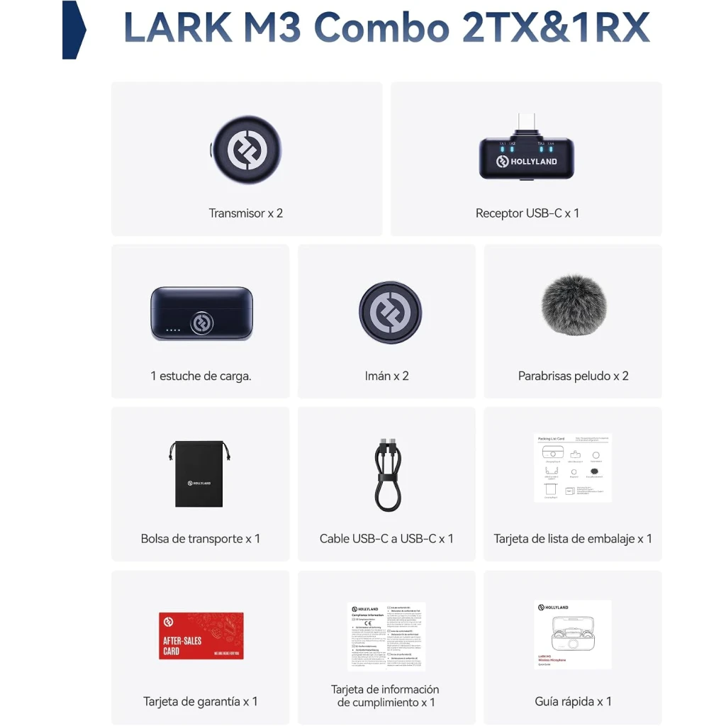 Micrófono inalámbrico Hollyland Lark M3 Combo 2TX & 1RX USB-C Gris Espacial con dos transmisores, receptor USB-C, estuche de carga y parabrisas peludo