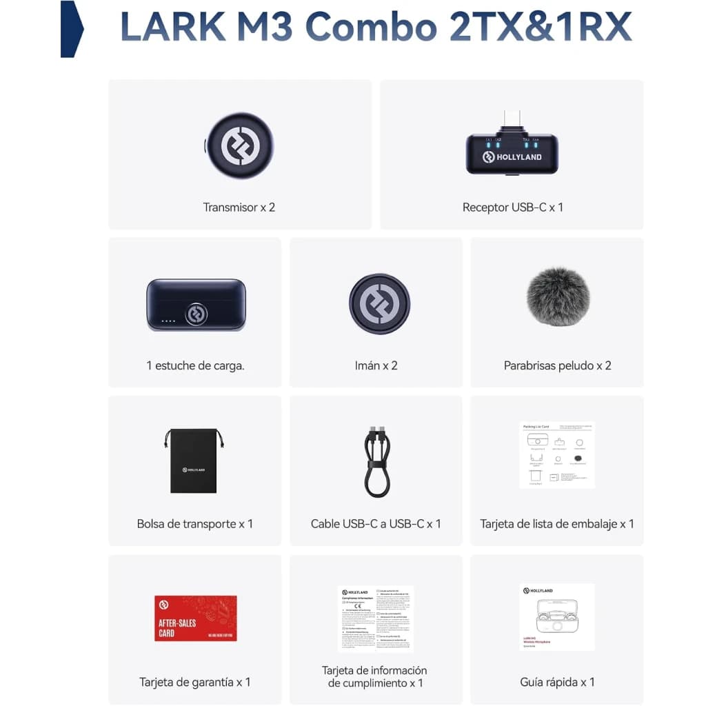 Microphone sans fil Hollyland Lark M3 Combo 2TX & 1RX USB-C Gris Sidéral avec 2 émetteurs, 1 récepteur USB-C, étui de charge, bonnet anti-vent et