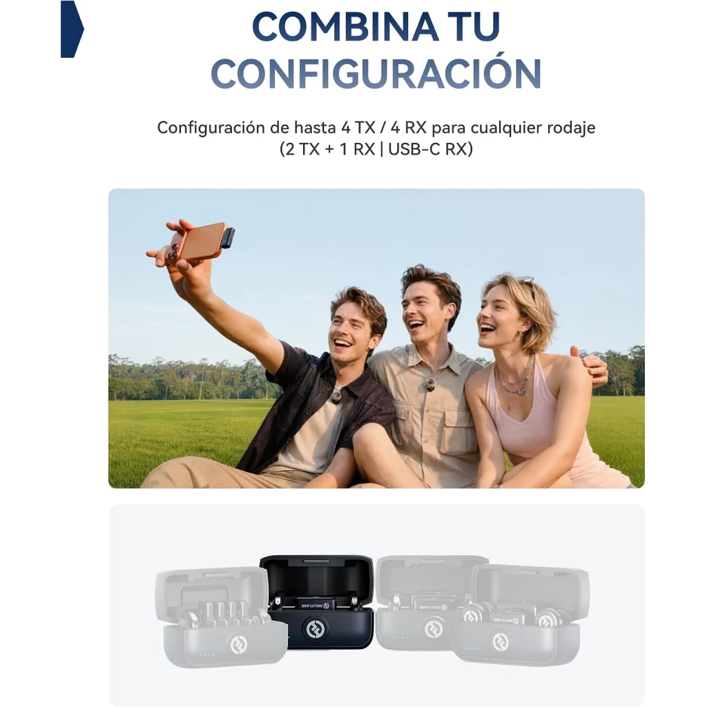 Estuche de carga gris espacial con dos transmisores compactos y un receptor USB-C, diseño magnético, indicador LED y acabado mate para rodajes móviles