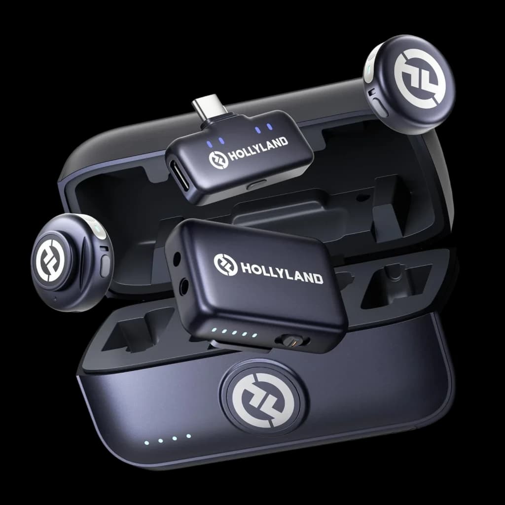 Étui gris sidéral avec deux émetteurs et deux récepteurs Hollyland Lark M3 Combo, connecteur USB-C, indicateurs LED, design compact omnidirectionnel