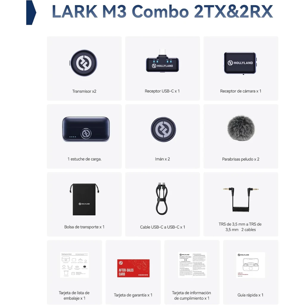 Kit Hollyland Lark M3 Combo 2TX & 2RX gris sidéral avec deux émetteurs, deux récepteurs USB‑C et caméra, étui de charge, bonnet anti‑vent, câbles et