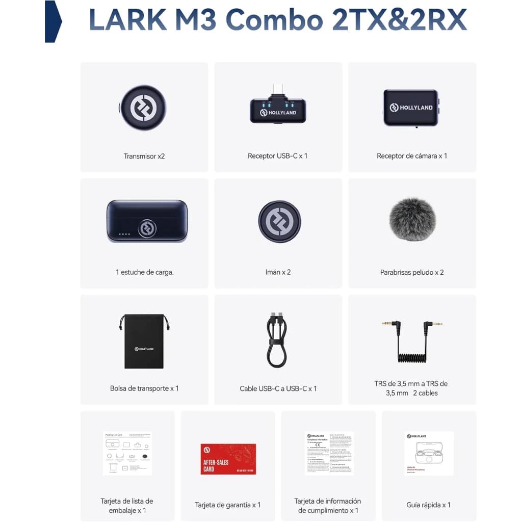 Kit Hollyland Lark M3 Combo 2TX & 2RX gris sidéral avec deux émetteurs, deux récepteurs USB‑C et caméra, étui de charge, bonnet anti‑vent, câbles et
