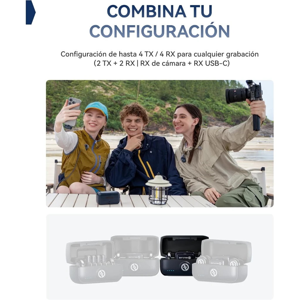 Boîtier de charge gris Sidéral avec 2 émetteurs et 2 récepteurs compacts, indicateurs LED, ports USB‑C et rangement organisé pour le Lark M3 Combo