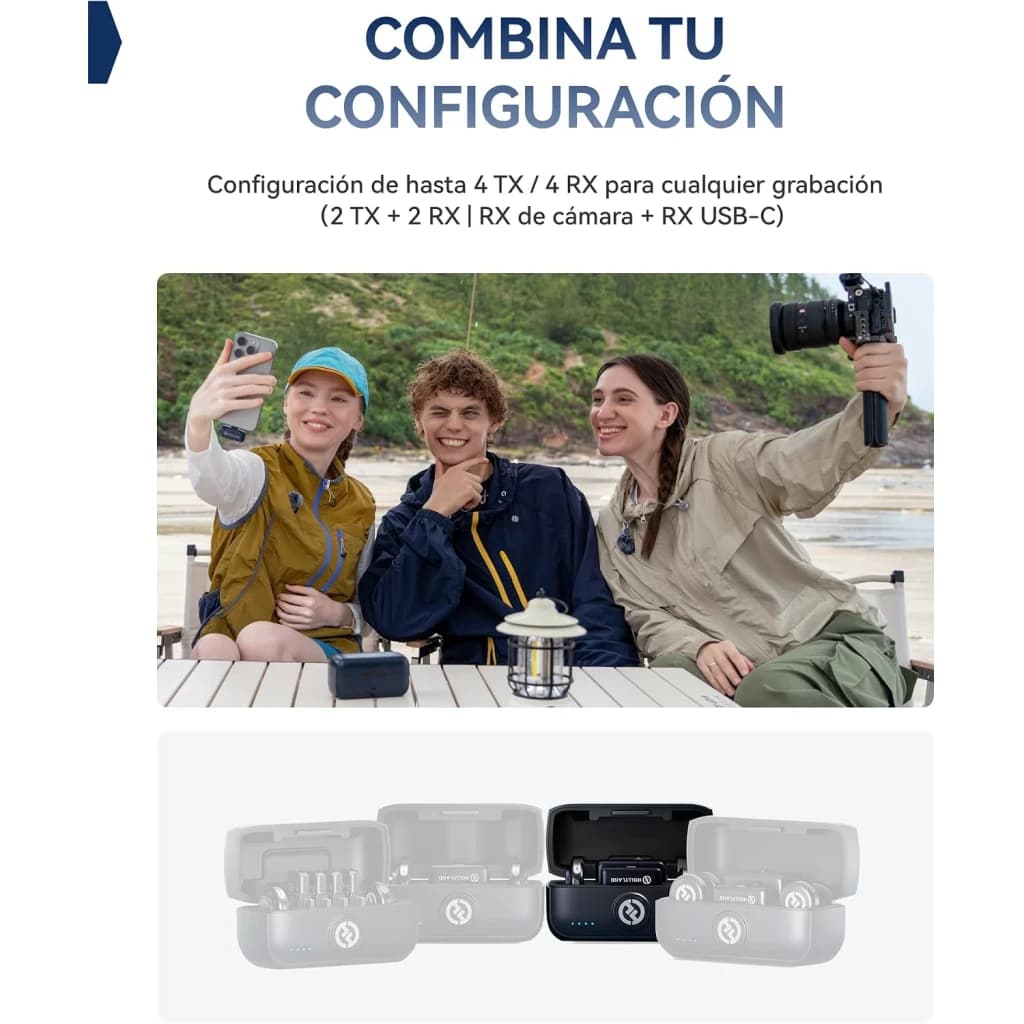 Boîtier de charge gris Sidéral avec 2 émetteurs et 2 récepteurs compacts, indicateurs LED, ports USB‑C et rangement organisé pour le Lark M3 Combo