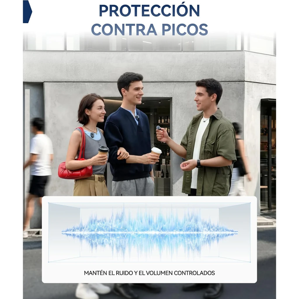 Module de protection contre les pics pour Hollyland Lark M3 Combo 2TX & 2RX Gris Sidéral, affichage d’onde bleue illustrant la réduction du bruit et du