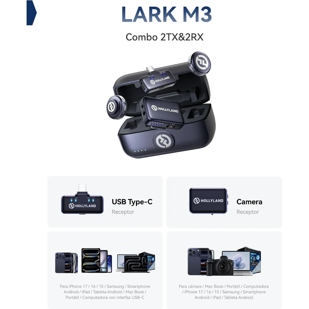 Étui de charge gris sidéral avec 2 émetteurs et 2 récepteurs omnidirectionnels, LED d’état, logo Hollyland, adaptateurs USB‑C et Camera inclus
