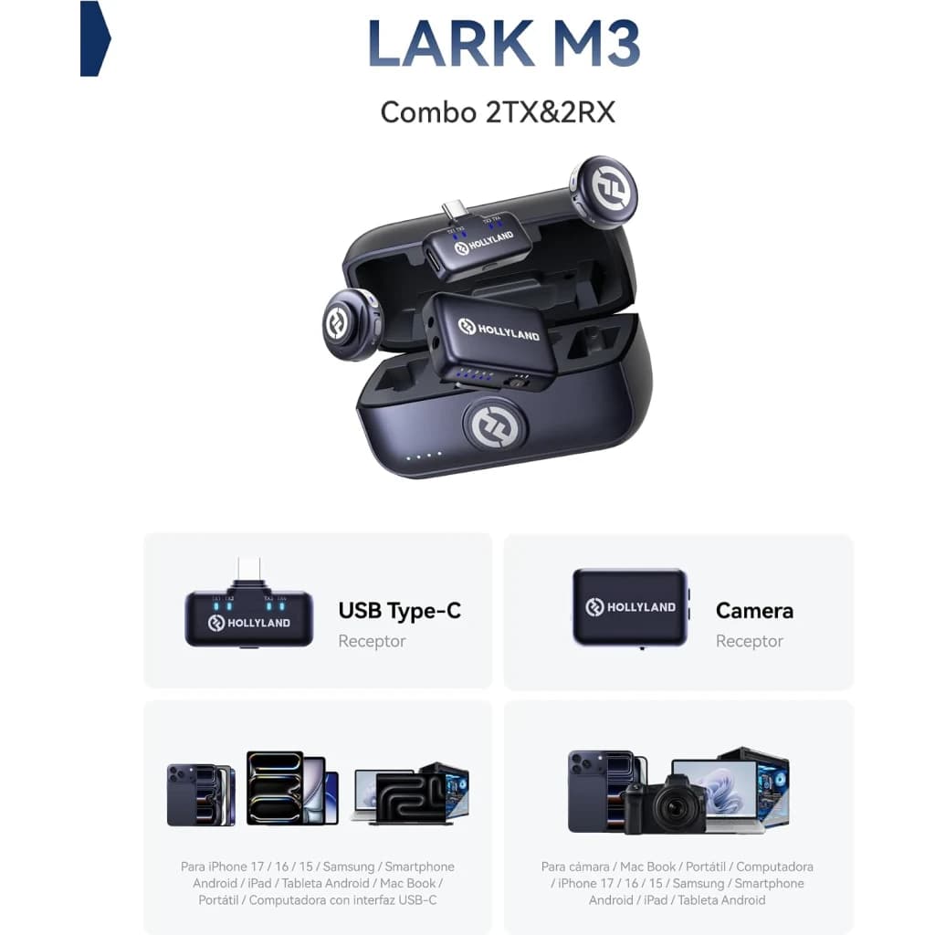 Étui de charge gris sidéral avec 2 émetteurs et 2 récepteurs omnidirectionnels, LED d’état, logo Hollyland, adaptateurs USB‑C et Camera inclus