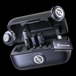 Estuche gris espacial con 2 transmisores, 4 receptores USB-C y base de carga; LEDs de estado visibles y diseño compacto Hollyland Lark M3 Combo