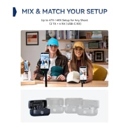Estuche de carga negro con dos transmisores y cuatro receptores USB-C grises, micrófonos compactos Hollyland Lark M3 Combo para setups móviles y vlogs