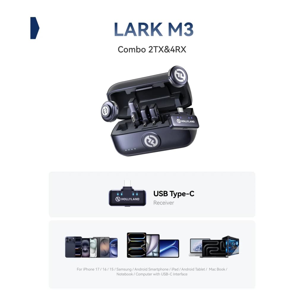 Estuche gris con dos transmisores y cuatro receptores USB-C Hollyland Lark M3 Combo; diseño compacto, pantalla LED y accesorios para iPhone, Android y