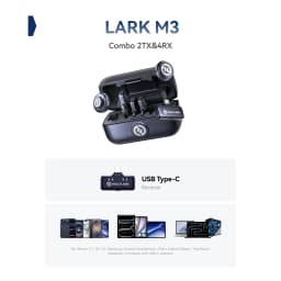 Estuche gris con dos transmisores y cuatro receptores USB-C Hollyland Lark M3 Combo; diseño compacto, pantalla LED y accesorios para iPhone, Android y