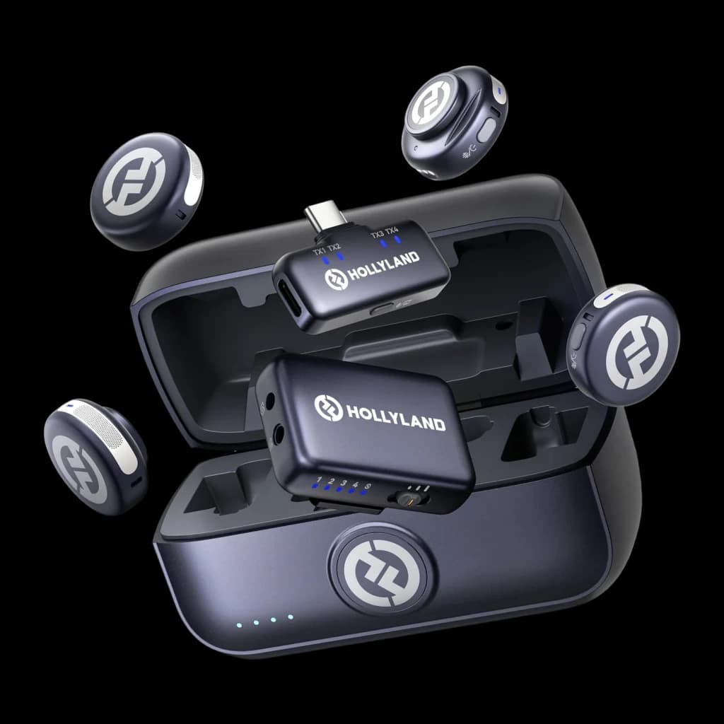 Étui de charge gris sidéral avec 4 émetteurs compacts et 2 récepteurs USB C, voyants LED bleus, capsules magnétiques et logo Hollyland en métal